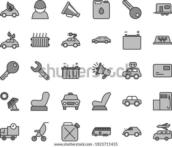 Thin line gray tint vector icon set - horn\
vector, Baby chair, car child seat, summer stroller, motor vehicle,\
present, key, pass card, delivery, big solar panel, modern gas\
station, accumulator