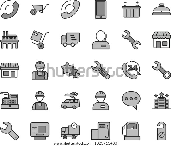 Thin line gray tint vector icon set - repair key\
vector, builder, workman, building trolley, speech, smartphone,\
delivery, 24, phone call, shipment, gas station, modern, battery,\
steel, kiosk, stall