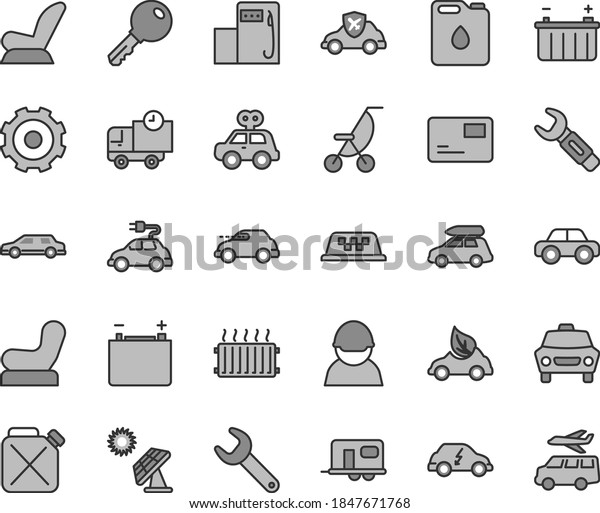 Thin line gray tint vector icon set - truck lorry\
vector, Baby chair, car child seat, summer stroller, motor vehicle,\
present, key, pass card, delivery, big solar panel, modern gas\
station, battery