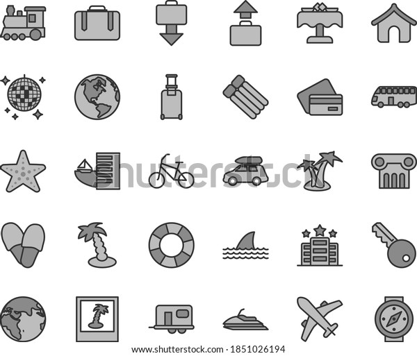 Thin line gray tint vector icon set - earth vector,\
train, car baggage, camper, bus, bike, suitcase, rolling, plane,\
getting, credit card, hotel, boungalow, palm tree, disco ball,\
restaurant, photo