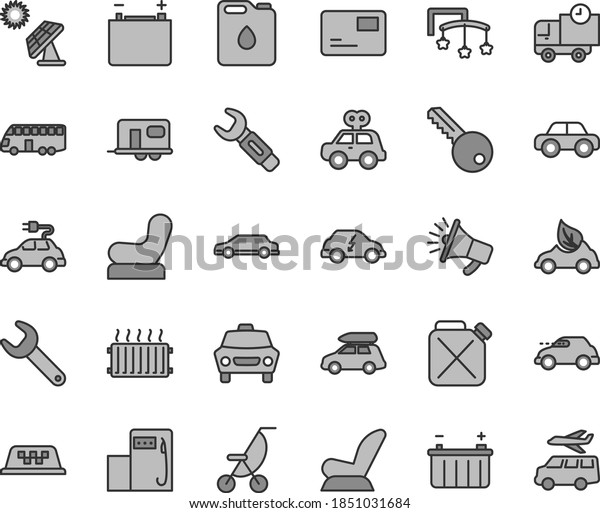 Thin line gray tint vector icon set - toys over\
the cot vector, Baby chair, car child seat, summer stroller, motor\
vehicle, present, key, pass card, delivery, big solar panel, modern\
gas station