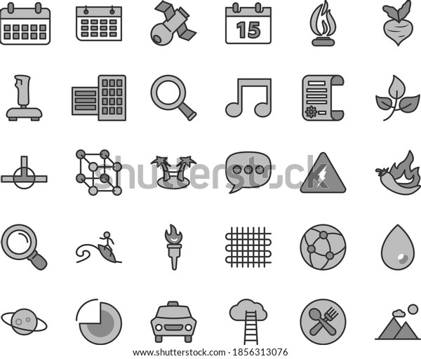 Thin line gray tint vector icon set - pie chart\
vector, city block, calendar, drop, car, hot pepper, beet, leaves,\
weaving, research article, wall, speech, network, connect,\
magnifier, note, zoom