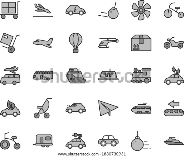 Thin line gray tint vector icon set - cargo trolley\
vector, paper airplane, summer stroller, motor vehicle, child\
bicycle, tricycle, big core, cardboard box, shipment, marine\
propeller, eco car, bus