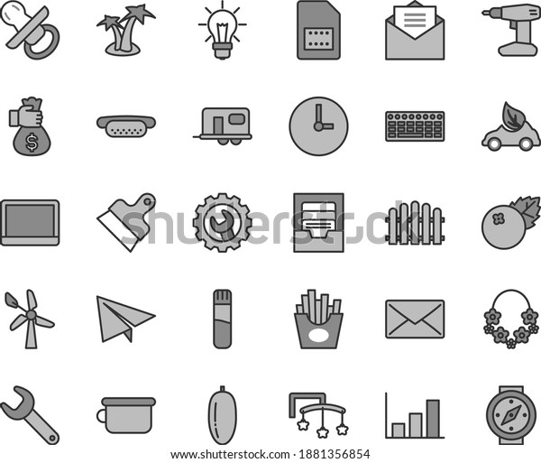 Thin line gray tint vector icon set - paper airplane\
vector, archive, toys over the cot, nipple, children\'s potty,\
drill, putty knife, gear, hedge, wall clock, received letter, mini\
hot dog, eco car