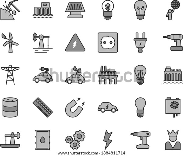 Thin line gray tint vector icon set - cordless drill\
vector, power socket type f, lightning, bulb, oil derrick, working,\
coal mining, wind energy, barrel, light, hydroelectric station,\
pole, car