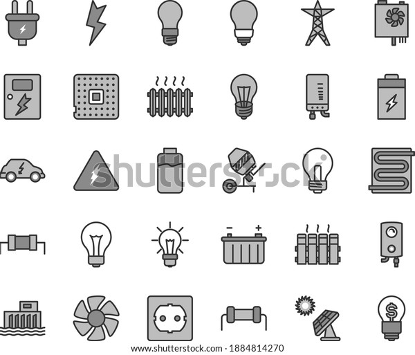 Thin line gray tint vector icon set - matte light
bulb vector, incandescent lamp, concrete mixer, power socket type
f, lightning, dangers, heating coil, radiator, boiler, electronic,
charge level