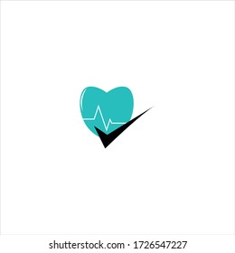 Thin line green heart symbol with checked sign and pulse on white background. Minimalist medical icon. Health care symbols.