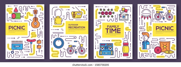 Thin line grill and cooking food brochure card set. During the picnic in nature template of flyer, magazines, poster, book cover, banners. Outline people cooking invitation concept