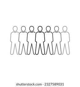 thin line group of people like society. flat linear trend black logotype or graphic art large banner design isolated on white background. concept of chain from standing human model or multiple person