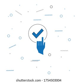Thin Line guarantee Icon with a hand clicking on it. Minimalist Approve Related Vectors. Clicking hand with check mark. Pattern Design with Blue circles and lines. Editable Stroke. Pixel Perfect.