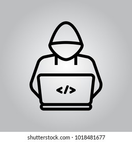 Thin line hacker or coder icon on a grey background