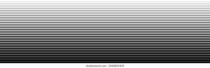 Thin line halftone gradation texture. Faded horizontal stripe gradient background. Repeating wide pattern backdrop. Black parallel lines wallpaper for overlay, print, cover, graphic design. Vector