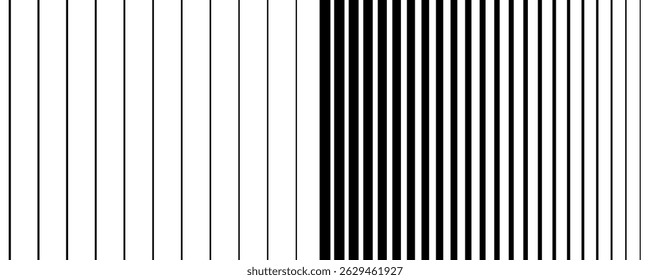 Thin line halftone gradient texture. Fading vertical stripe gradation background. Repeating wide pattern backdrop. Black parallel lines wallpaper for overlay, print, cover, banner, poster. Vector