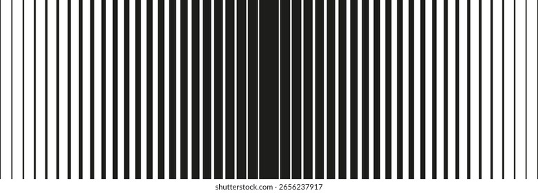 Textura de degradado de semitono de línea delgada. Fondo de gradación de rayas de Vertical en decoloración. Repitiendo fondo de patrón ancho. Fondo de pantalla de líneas paralelas negras para superposición, impresión, cubierta, Anuncio, póster. Vector