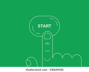 Thin line hand click the button on a green background. Vector EPS 10