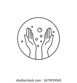 thin line hand disinfection round icon. stroke modern hygiene lineart simple logotype graphic art design isolated on white background. concept of tidy person and lather arms and good flu prevention