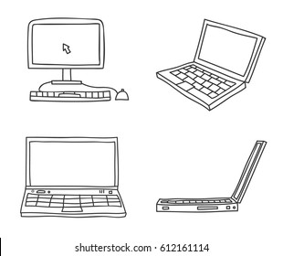 Thin Line  Hand Drawn  Laptop And Desktop Computer Art Vector Icon Set Illustration