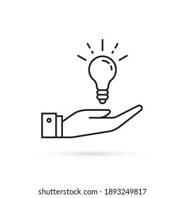 thin line hand holding bright light bulb. simple flat linear trend logo graphic art design isolated on white. concept of visionary or aha moment and smart education motivation and think outside box