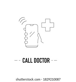 Thin line hand holding cell phone with cross sign and signal symbol. Emergency call vector. Medical services. Calling doctor for help. 