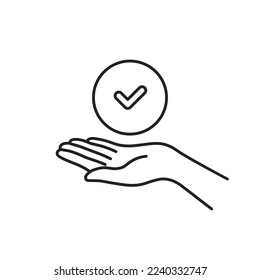 thin line hand holding circle with check mark. simple linear trend survey or review logotype graphic stroke web design isolated on white. concept of marketing agreement or consumer confirm pictogram