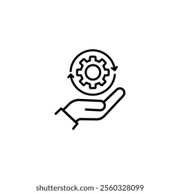 thin line hand holding gear like implementation. linear trend modern simple digital perform logotype graphic stroke design element isolated on white. concept of