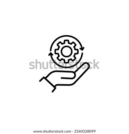 thin line hand holding gear like implementation. linear trend modern simple digital perform logotype graphic stroke design element isolated on white. concept of