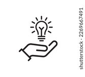 thin line hand holding lightbulb like expertise. linear trend modern simple lineart knowledge logotype stroke art design element isolated on white. concept of startup symbol or think outside the box