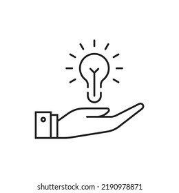 thin line hand holding lightbulb like expertise. linear trend modern simple lineart knowledge logotype stroke art design element isolated on white. concept of startup symbol or think outside the box