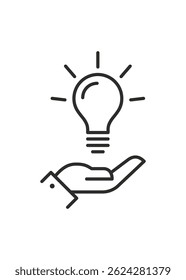 Thin line hand holding lightbulb like expertise. Business thinking, creative idea icon. Vector illustration. Stock Illustration