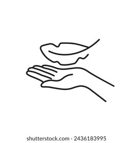 mano de línea delgada que sostiene la pluma ligera. estilo simple lineart diseño gráfico moderno elemento abstracto del logotipo aislado en blanco. concepto de telas de ropa de peso ligero o producto de belleza ligero