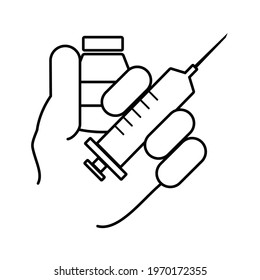 Thin line hand holding a syringe and vaccine bottle icon vector image. Royalty-free.