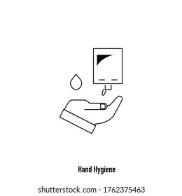 Icono de higiene de mano delgada con mano humana, desinfectante y gota líquida sobre fondo blanco. Métodos de prevención de pandemias relacionados con COVID-19. Vector de lavado manual de Coronavirus. Logotipo de sanitizer epidémico. 