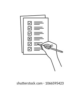 thin line hand with quiz or checklist task. stroke todo graphic linear art design isolated on white background. concept of pile of papers with dos and dont or insurance checkbox and assessment info