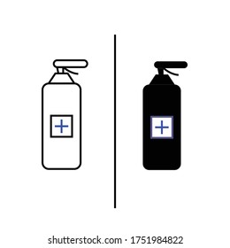 Thin line hand sanitizer with blue medical sign on white background. Hand hygiene medical equipment. Sanitizer with black and white options, editable stroke, Eps10. Protection tools for Coronavirus.