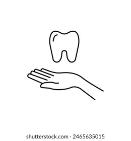 thin line hand with tooth like dentistry icon. simple linear graphic trend modern design logotype element isolated on white. concept of annual oral cleaning in