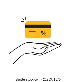 mano delgada con regalo amarillo o tarjeta de crédito. concepto de símbolo de comercio electrónico en diseño simple lineal para privilegios comerciales y señalización de esquema para actividad comercial o ecommerce fácil