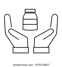 Thin line hands holding a vaccination bottle icon vector image. Royalty-free.