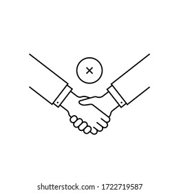 prohibición del apretón de manos de línea delgada o mal trato. concepto de no solidaridad y engaño en el trabajo en equipo y comportamiento no profesional. trazo plana tendencia moderna simple mal negocio logotipo diseño gráfico aislado en blanco