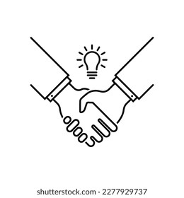 apretón de manos delgado con bombilla como eficacia empresarial. tendencia de contorno simple derrame moderno elemento de diseño gráfico de logotipo empresarial aislado en blanco. concepto de ayuda financiera o de inversión de riesgo