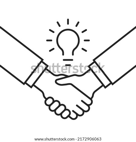 thin line handshake with bulb like business efficacy. simple outline trend modern stroke enterprise logotype graphic design element isolated on white. concept of financial help or venture invest