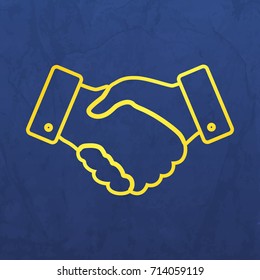 thin line handshake icon on a blue  paper layer 