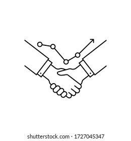 thin line handshake with sales increase icon. flat stroke modern outline mediation logotype graphic art design isolated on white background. concept of upward and rising trend or predictive value