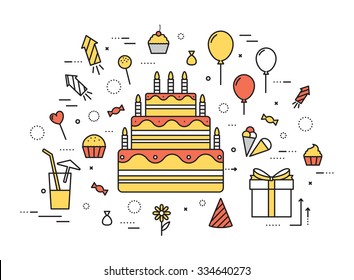 Thin Line Happy Birtday Party Modern Illustration Concept. Infographic Guide Way From Candy To The Cake. Icon Isolated On White Background. Flat Vector Template Design For Web And Mobile Application