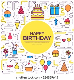 Thin Line Happy Birtday Party Modern Illustration Concept. Infographic Guide Way From Candy To The Cake. Icon Isolated On White Background. Flat Vector Template Design For Web And Mobile Application