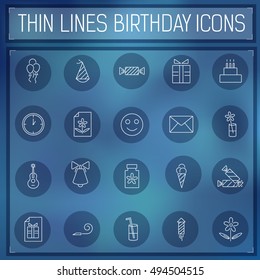 thin line happy birthday icons set concept on a blurred background. Vector illustration.  Colorful template for you design, web and mobile applications.