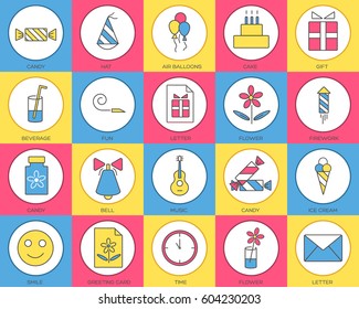 thin line happy birthday icons set concept on a blurred background. Vector illustration. Colorful template for you design