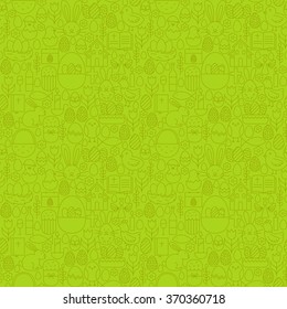 Thin Line Happy Easter Green Seamless Pattern. Vector Website Design and Seamless Background in Trendy Modern Outline Style. Spring Holiday.
