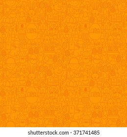 Thin Line Happy Easter Orange Seamless Pattern. Vector Website Design and Seamless Background in Trendy Modern Outline Style. Spring Holiday.