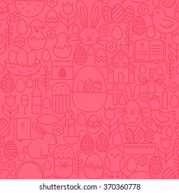 Thin Line Happy Easter Seamless Pink Pattern. Vector Website Design and Seamless Background in Trendy Modern Outline Style. Spring Holiday.