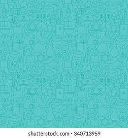 Thin Line Happy Hanukkah Blue Seamless Pattern. Vector Jewish Winter Holiday Design and Seamless Background in Trendy Modern Line Style. Israel Judaism Religion